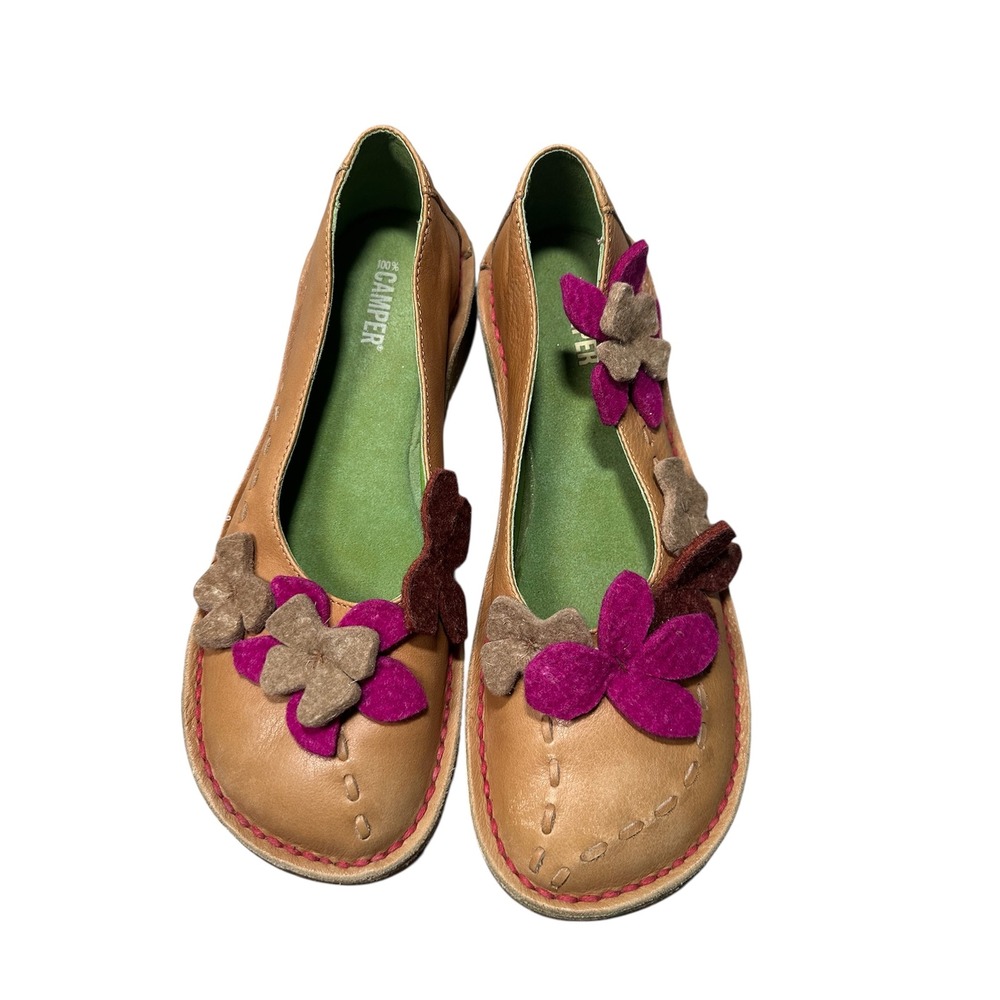 Camper Women Brown Leather Unique Floral Retro Flats Slip‎ On Shoes size 39